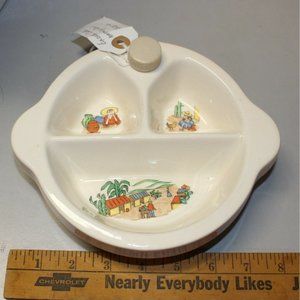 Vintage Baby Child Excello 1950s Divided Warming Ceramic Dish w Mexican Theme